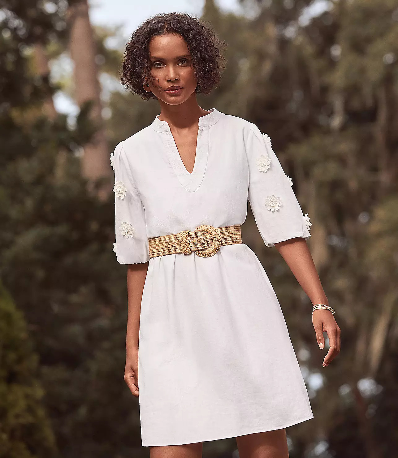 Floral Applique Linen Blend Puff Sleeve Swing Dress | LOFT