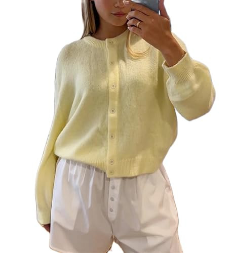 Y2k Knitted Cropped Cardigan Sweaters Women Long Sleeve Button Down Open Front Casual Cardigan Knitwear Top, Yellow #003, Small | Amazon (CA)