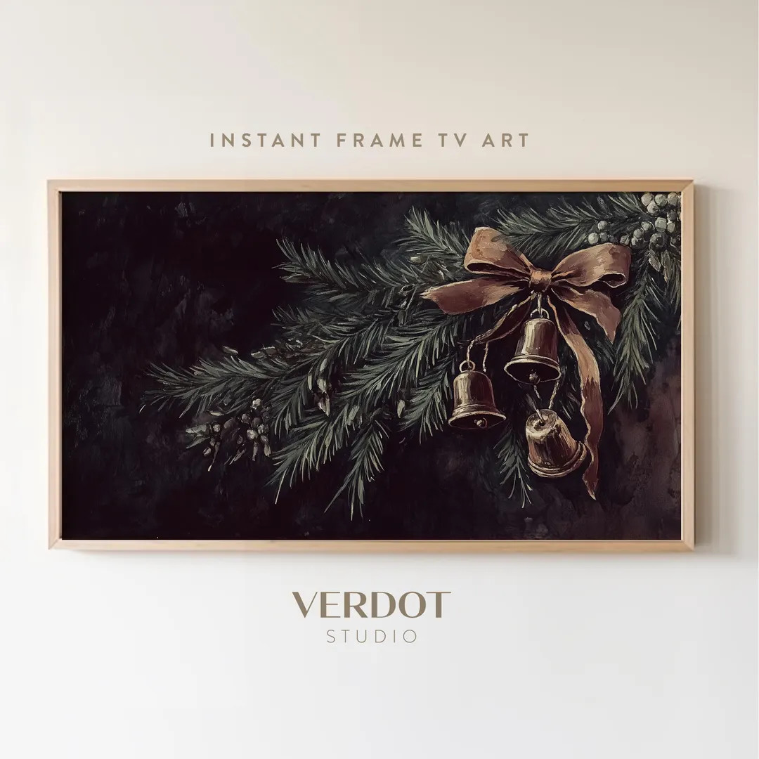 Dark Moody Christmas Frame Tv Art, Christmas Decor, Vintage Evergreen Christmas Bells Holiday Pai... | Etsy (US)