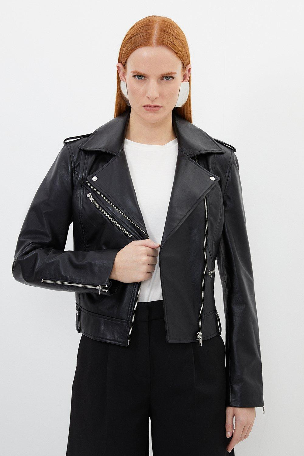 Leather Zip Detail Biker Jacket | Karen Millen UK + IE + DE + NL