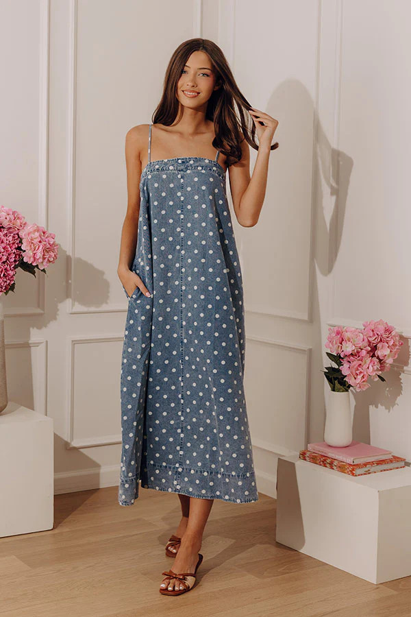 Sweet Spot Polka Dot Denim Midi Dress | Impressions Online Boutique