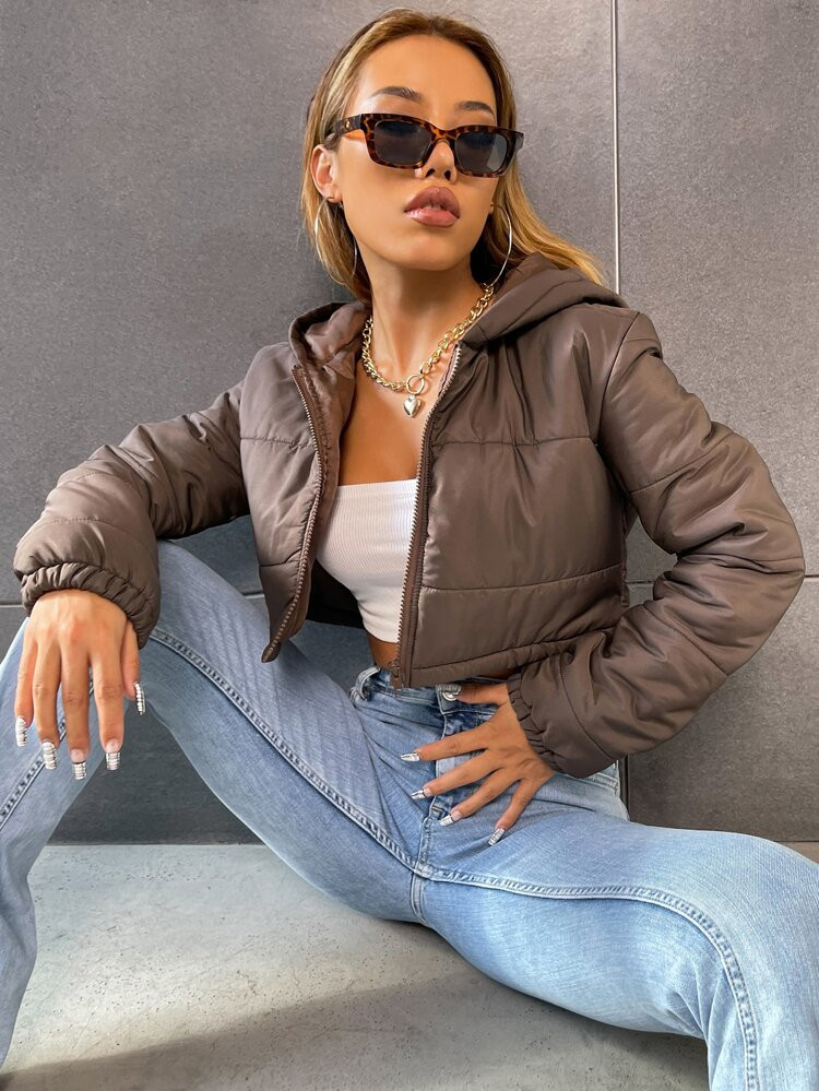 Zip Up Hooded Crop Puffer Coat | SHEIN