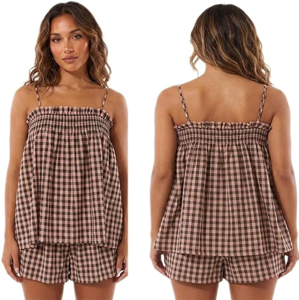 Amiblvowa Women Gingham Pajama Set Y2K Flowy Plaid Lounge Matching Set | Amazon (US)