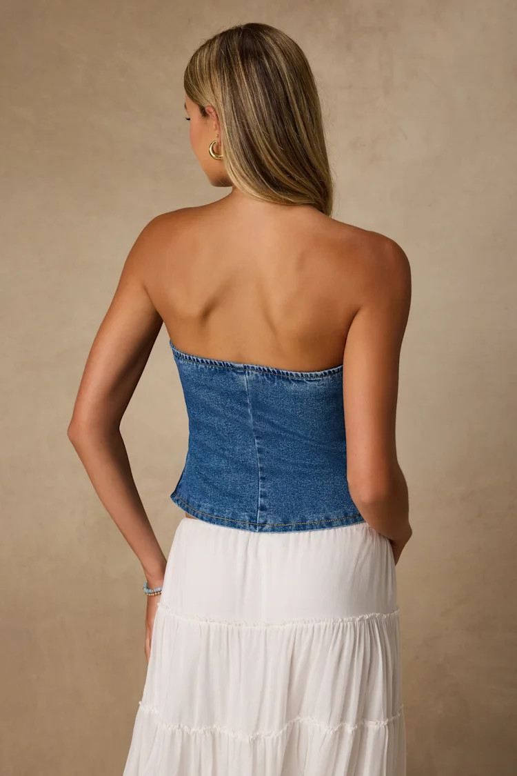 Anari Medium Wash Denim Strapless Top | Lulus