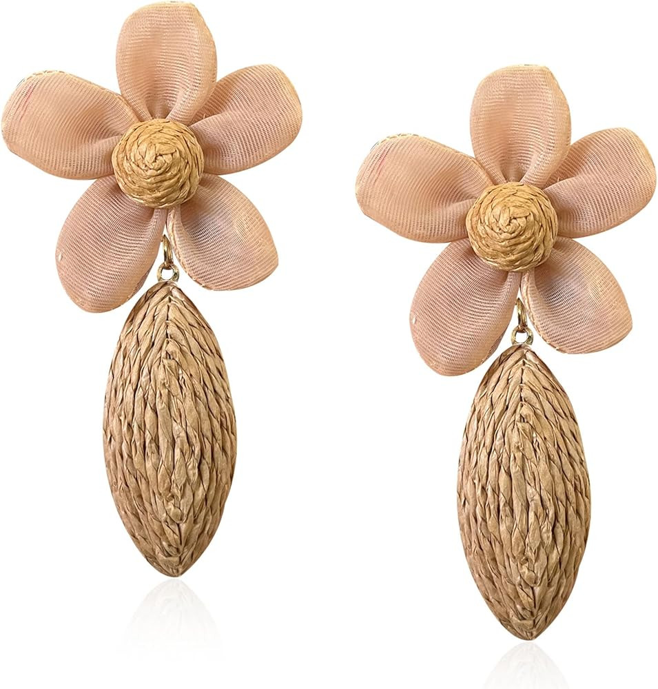 Flower Rattan Earrings for Women Statement Boho Raffia Straw Wrapped Flower Drop Dangle Earrings ... | Amazon (US)