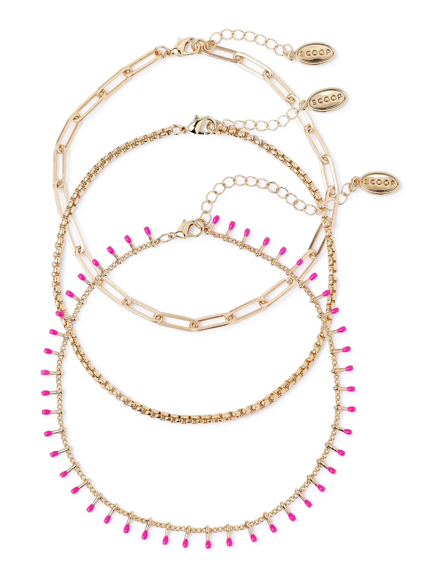 Scoop Women’s 14K Gold Flash-Plated Bead, Clip and Chain Anklets, 3-Piece Set, Pink | Walmart (US)