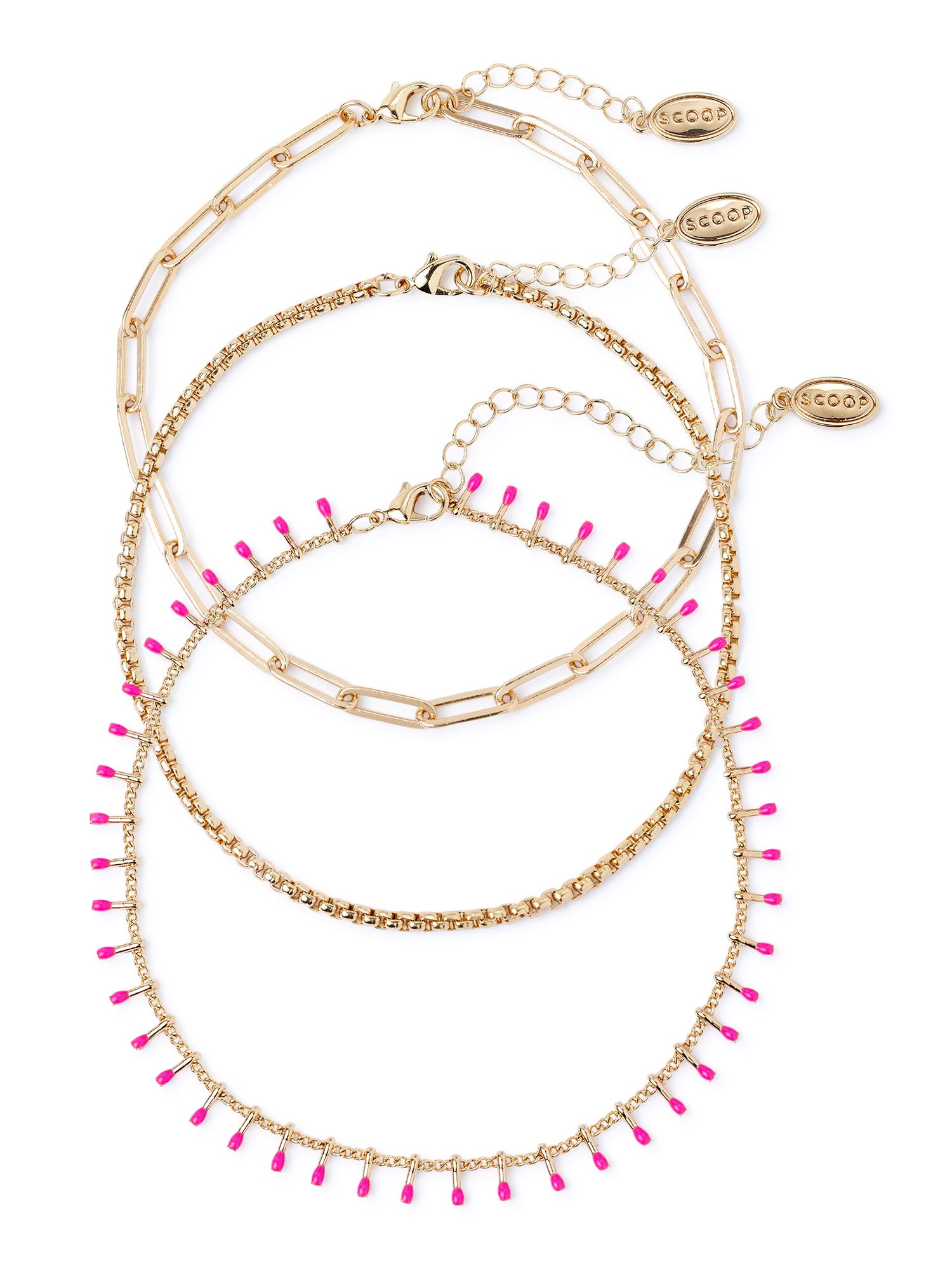 Scoop Women’s 14K Gold Flash-Plated Bead, Clip and Chain Anklets, 3-Piece Set, Pink - Walmart.c... | Walmart (US)