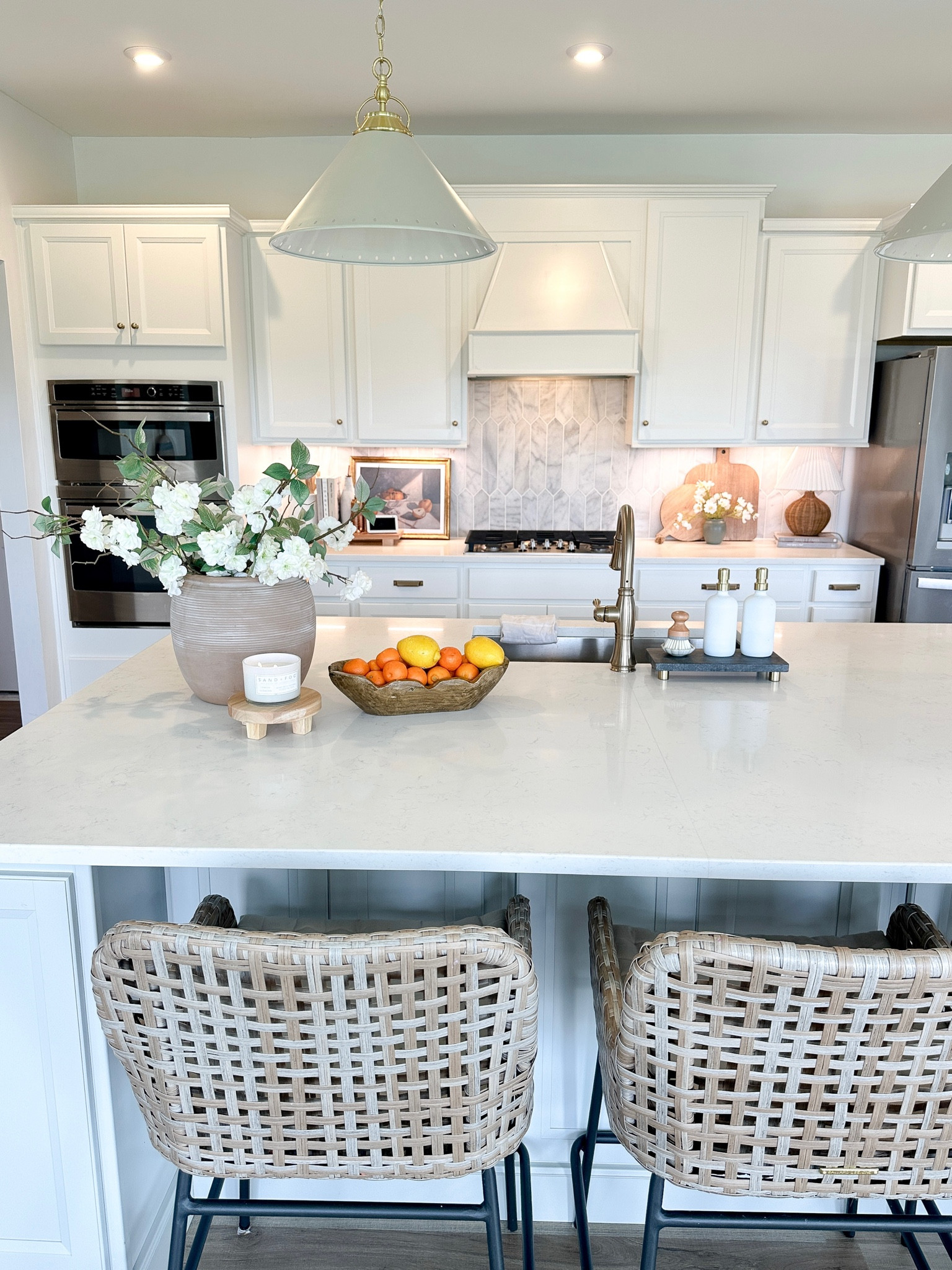 Bailey woven stool, Ada pendant, kitchen pendant, kitchen counter stools, Walmart find, kitchen decor, cutting boards, fruit art, studio McGee, hearth and hand 

#LTKHome