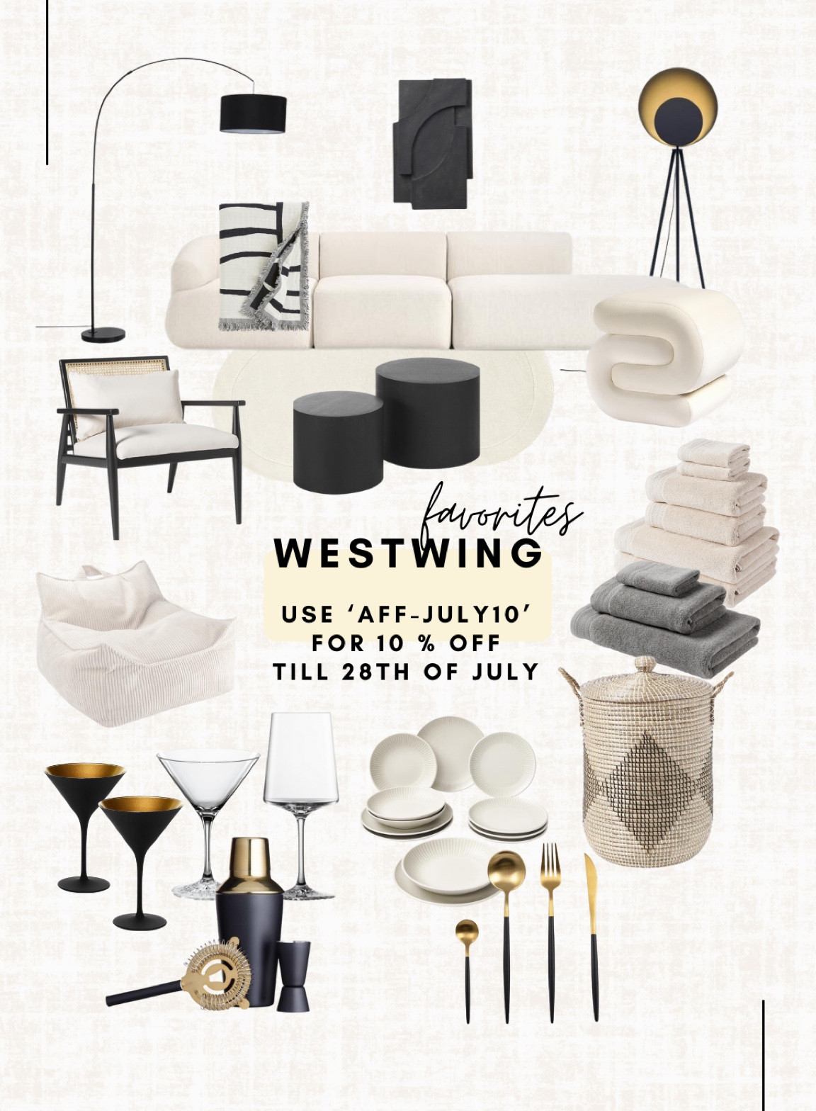 A few of my westwing favorites! You can get 10 % discount with the code ‘aff-july10’ until the 28th of July 🔥 I bought the ‘Lennon’ couch which I will show you soon. 

Leave a 🖤 to favorite this post and come back to shop

Interior, home, arm chair, couch, coffee table, towels, whiskey glass, cocktail glass, cutlery, wash basket, stool, plaid, blanket, standing light, wall art

#LTKSeasonal #LTKhome #LTKstyletip