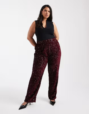 Pieces Curve wide leg velour sequin trousers in burgundy | ASOS | ASOS (Global)