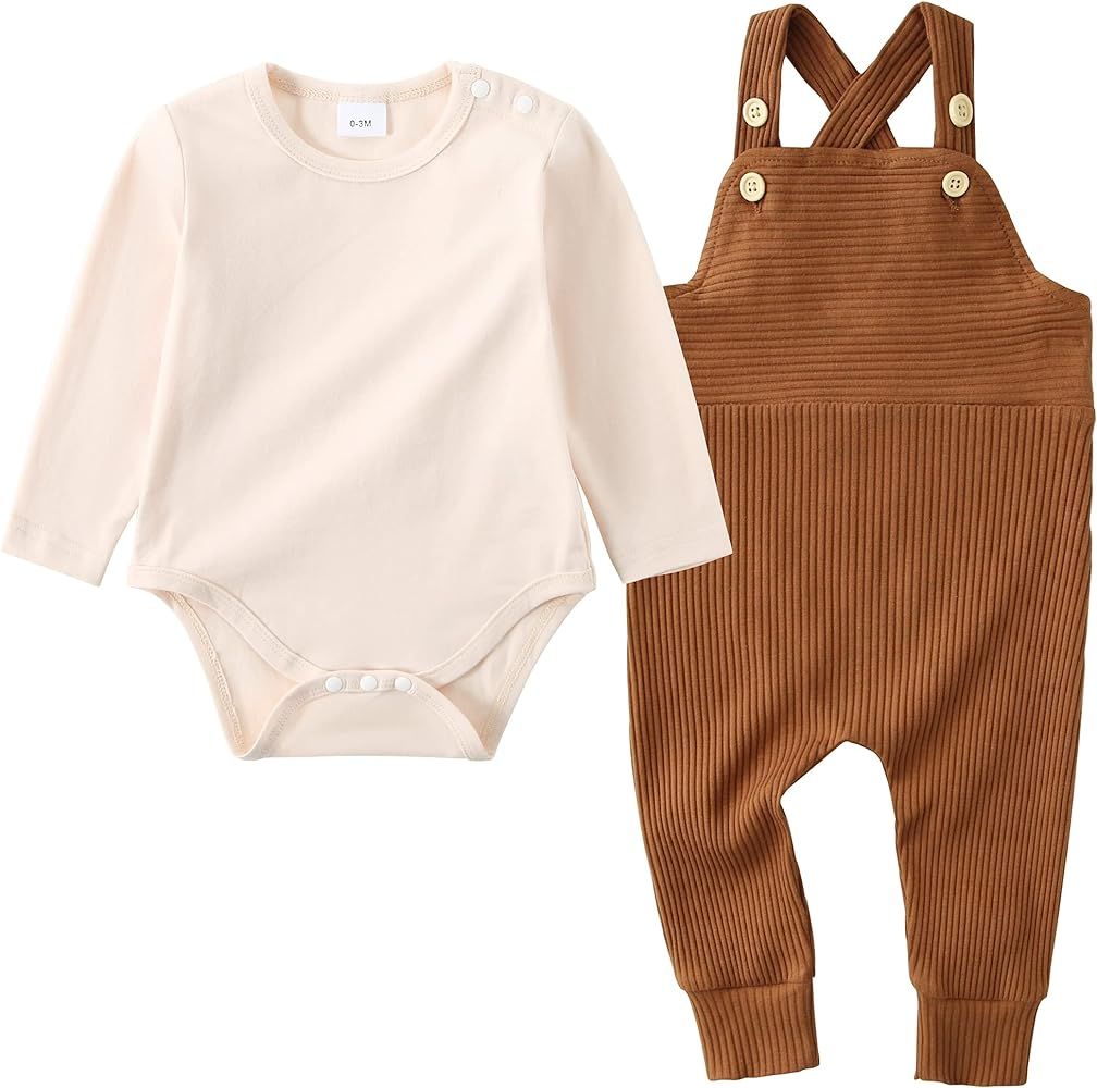 Newborn Baby Boy Clothes,2Pcs Infant Boy Romper Bodysuit Fall Winter Stripe Outfits + Bib Overall Pa | Amazon (US)