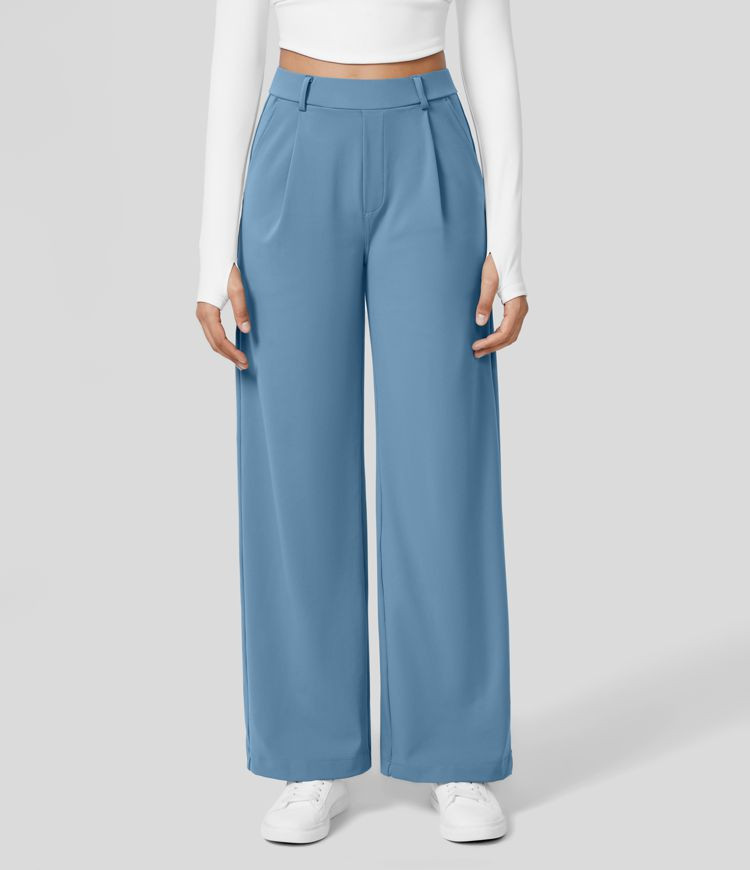 High Waisted Plicated Side Pocket Straight Leg Work Pants | HALARA