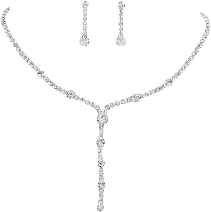 Unicra Rhinestone Bride Necklace Earrings Set Silver Crystal Bridal Wedding Jewelry Sets Prom Cos... | Amazon (US)