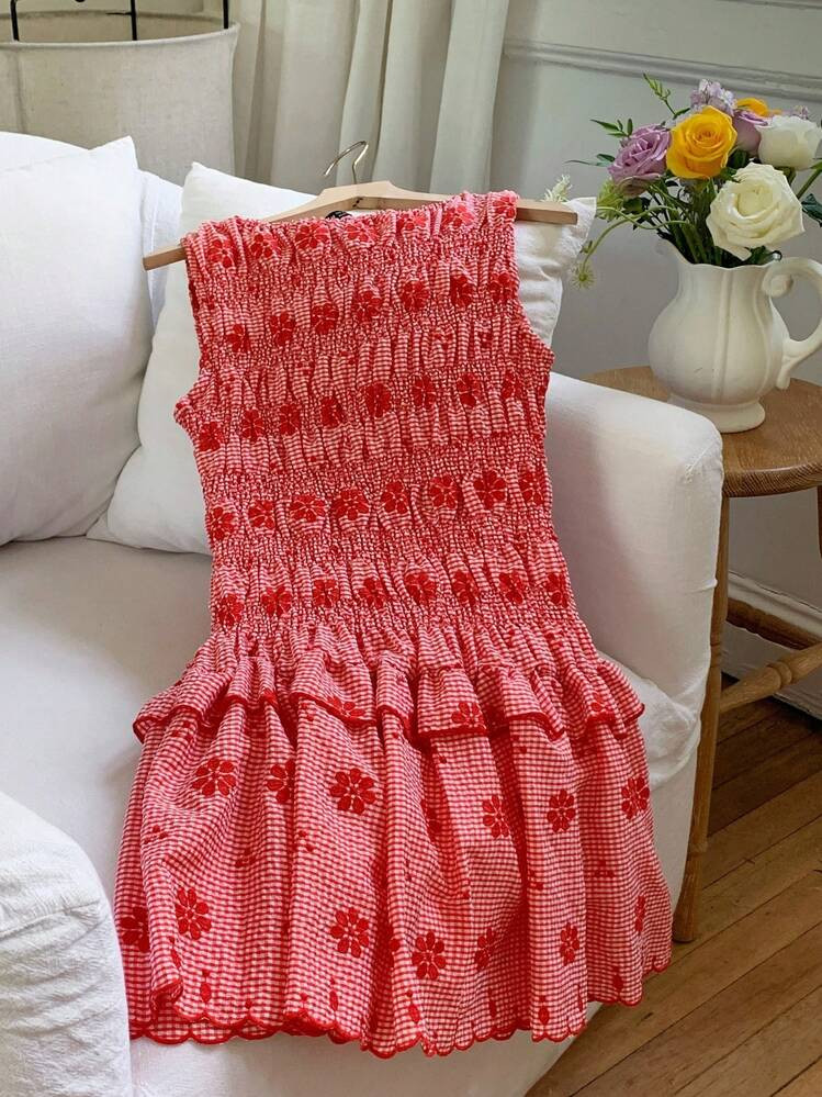 Comfortcana Women's Casual Plaid Floral Embroidered Sleeveless Shift Dress, Summer Cowgirls Outfit For Women,Back To School,Homecoming Dress | SHEIN