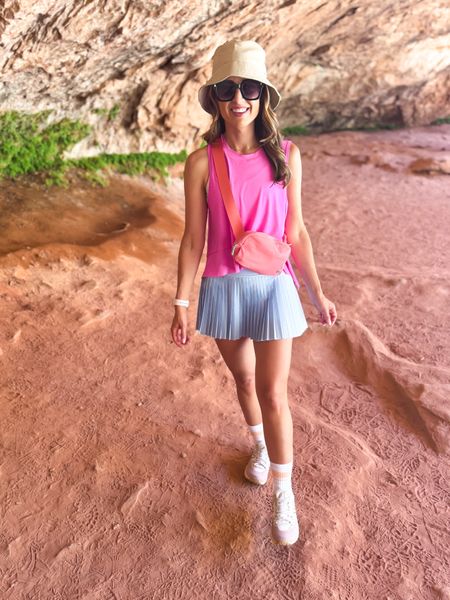 Hiking outfit. Zion outfit. Activewear. Athleisure. Free People tempo tank in XS. Amazon pleated skirt in XXS. Amazon sports bra in XS. Summer outfit. Veja hiking shoes - whole sizes only, size up if you are a half size. Lululemon bucket hat. Amazon sunglasses. Amazon belt bag 1L. 

*I wore this in Zion one day - so breezy and comfortable! 

#LTKShoeCrush #LTKActive #LTKFitness