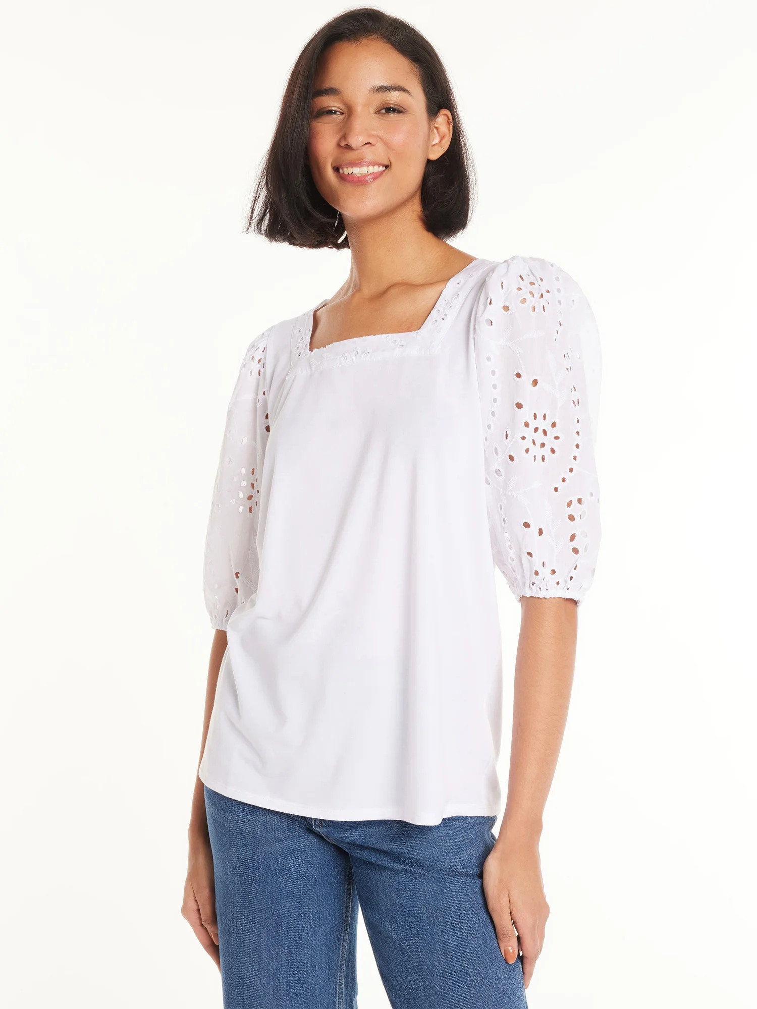 The Pioneer Woman 3/4 Eyelet Sleeve Square Neck Top, Women's | Walmart (US)