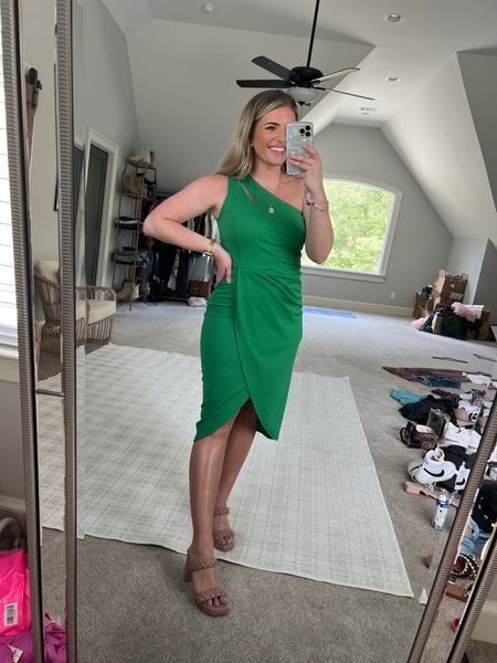The prettiest spring or summer wedding guest outfit wedding guest dress. Love this green one shoulder dress. So comfy & flattering with a little stretch. TTS - M 

Paired w my fav dolce vita lookalike heels. TTS & so comfy! 

Wearing my boob covers underneath - the best. Code MORGBULLARD always works for 10% off 


#LTKunder50 #LTKwedding #LTKFind