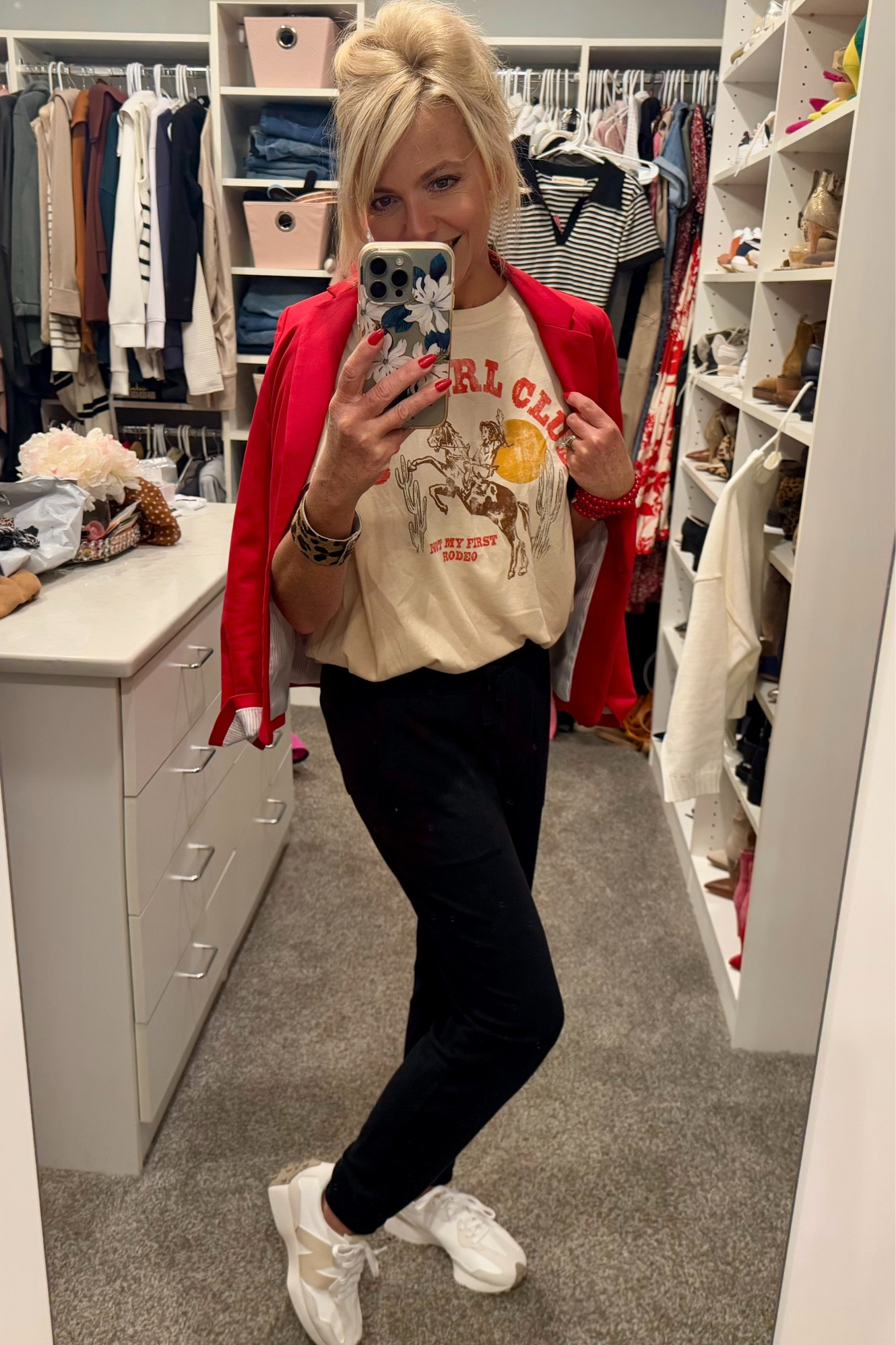 Look how cute this outfit is, and one of my favorite graphics! Fall outfit Christmas outfit graphic tee Nashville cowgirl red blazer 

#LTKStyleTip #LTKHoliday #LTKFindsUnder50