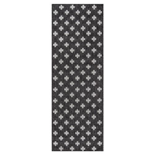 Novo Modern Classic Black Cross Grey Patterned Outdoor Rug - 2'x6' | Kathy Kuo Home