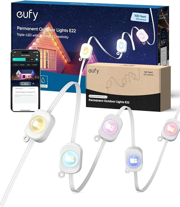 eufy Permanent Outdoor Lights E22, 100ft+ 50ft kit (Total 150ft) with 90 Triple-LED Lights, Smart RGBWW, Up to IP67 Waterproof, AI Lighting Themes for Halloween, Christmas, Links with Cameras, White | Amazon (US)
