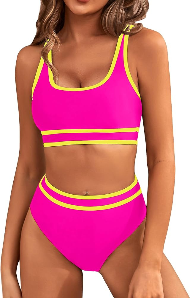 BMJL Women's High Waisted Bikini Sets Sporty Two Piece Swimsuits Color Block Cheeky High Cut Bath... | Amazon (US)