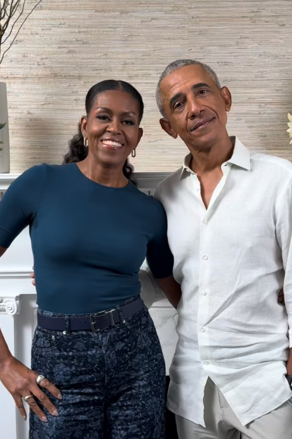 You ask, we answer! @cgumm29 says, “Help! Where can I find our forever First Lady’s pants in this post?”

@michelleobama posed with her husband, former President @barackobama, during a recent appearance on @imopodcasts wearing $357 printed denim pants by @driesvannoten, featuring a wide-leg silhouette and laser-printed floral design. Hot! Or Hmm..?
📸: IG
#michelleobamafbd #barackobamafbd #fashionbombdaily #driesvannoten #firstladyfashion #bombstyle #blackexcellence
