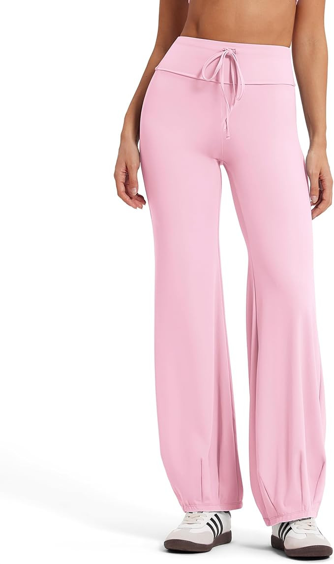 MOOSLOVER Women Wide Leg Yoga Pants Bubble Hem Fold Over Leggings Pants | Flattering High waisted... | Amazon (US)