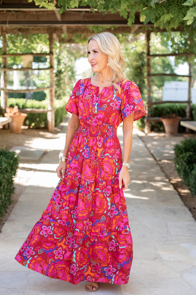 Silvia Dress - Red Floral Tiered Ruffle Maxi Dress | Avara
