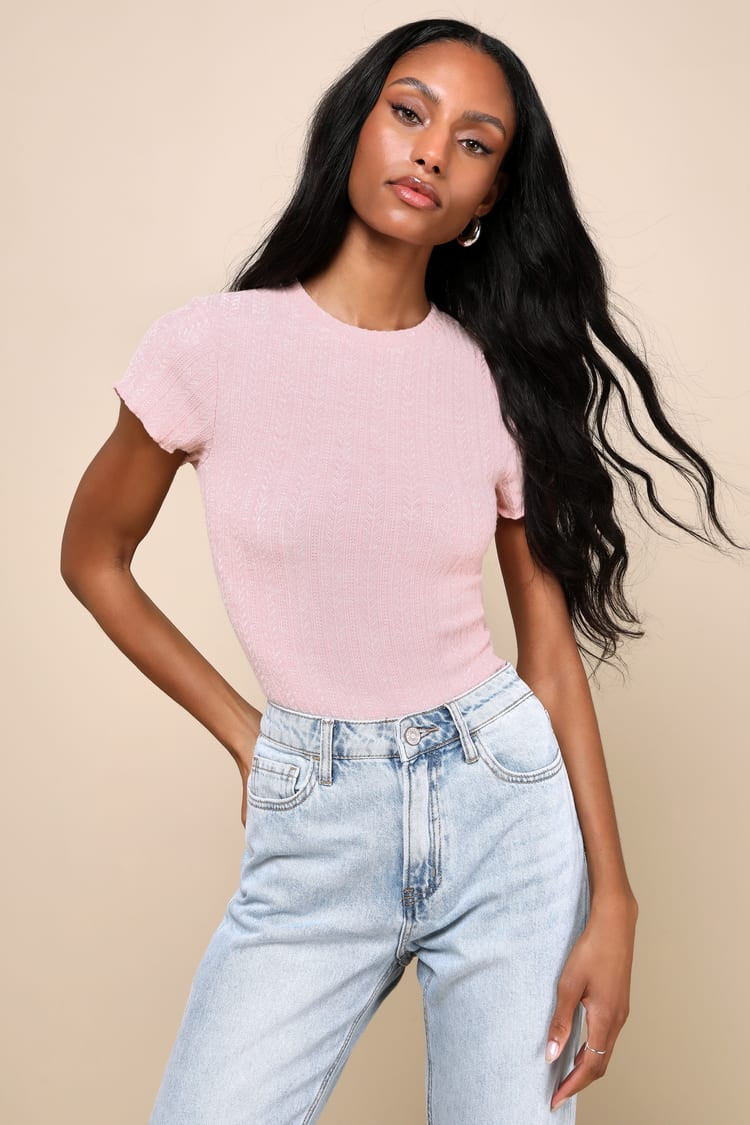 Everyday Bestie Pink Pointelle Short Sleeve Lettuce Edge Tee | Lulus