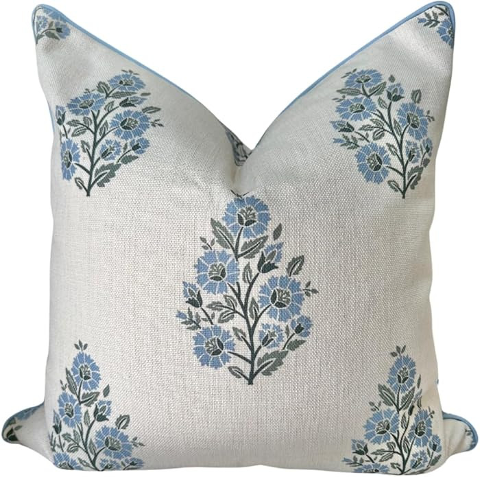 “The Camille” Floral Block Print Pillow Cover – Soft Blue and White Decorative Throw Pillow... | Amazon (US)