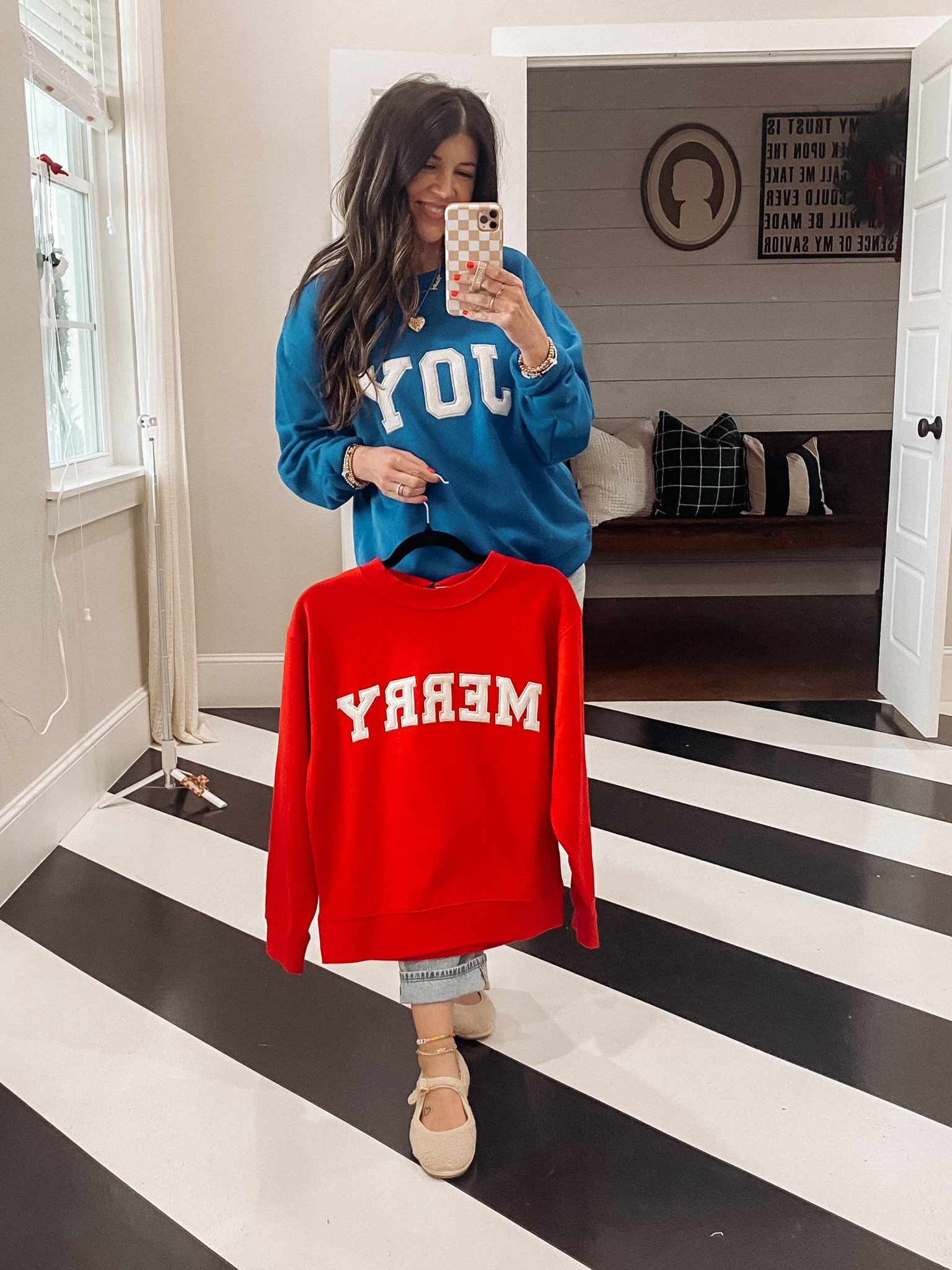 Holiday Christmas sweatshirts! 
-sized up to a medium! 
$20, comfy, cute & come in different options! Patch letters are sewn on! 

#LTKCyberWeek #LTKSeasonal #LTKHoliday