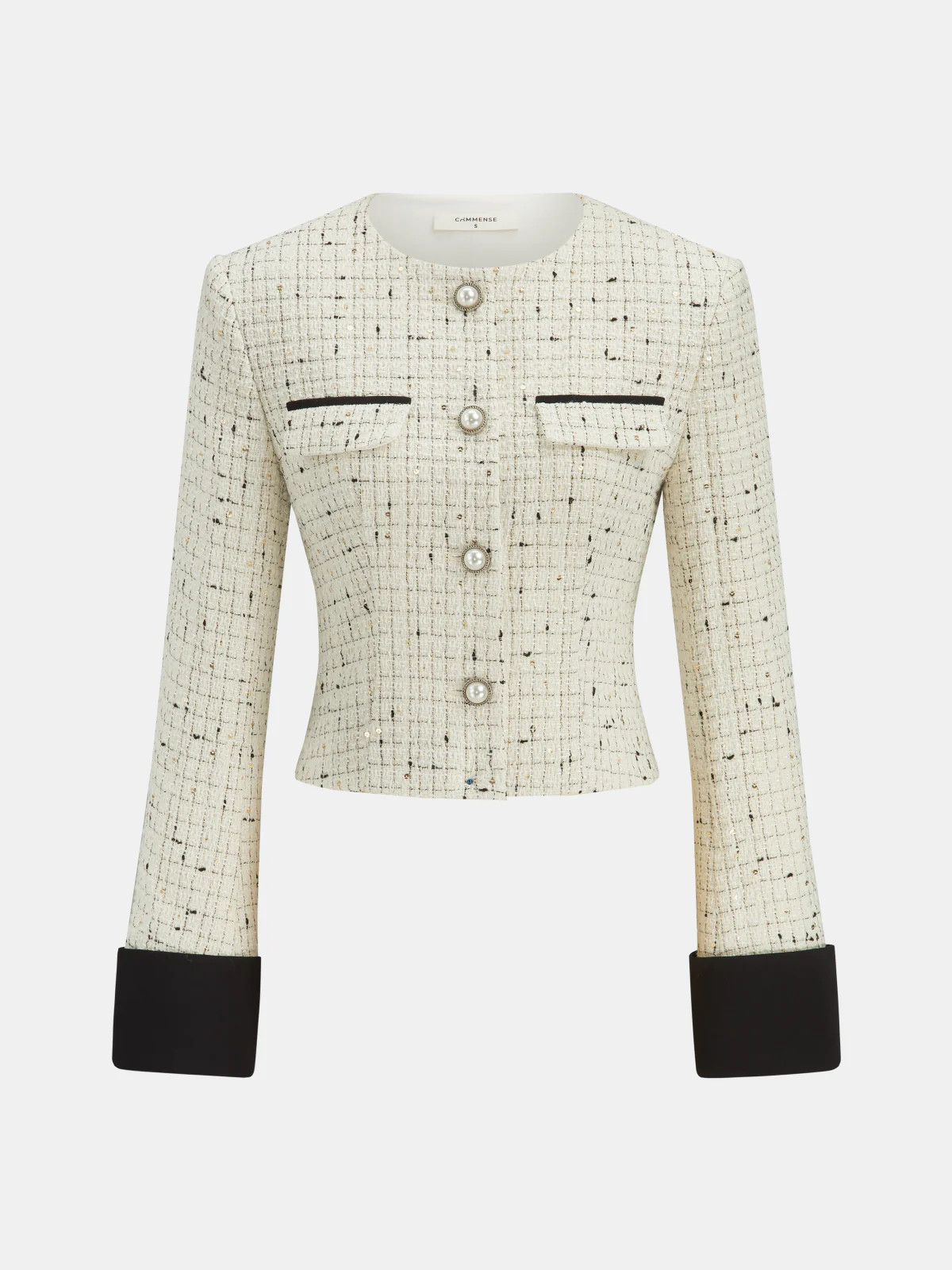Contrast Cuff Pearl Button Tweed Jacket | Commense