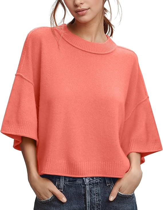 ZDC Women's Oversized Sweaters Summer 3/4 Sleeve Casual Cropped Tops Lightweight Loose Fit Knit P... | Amazon (US)