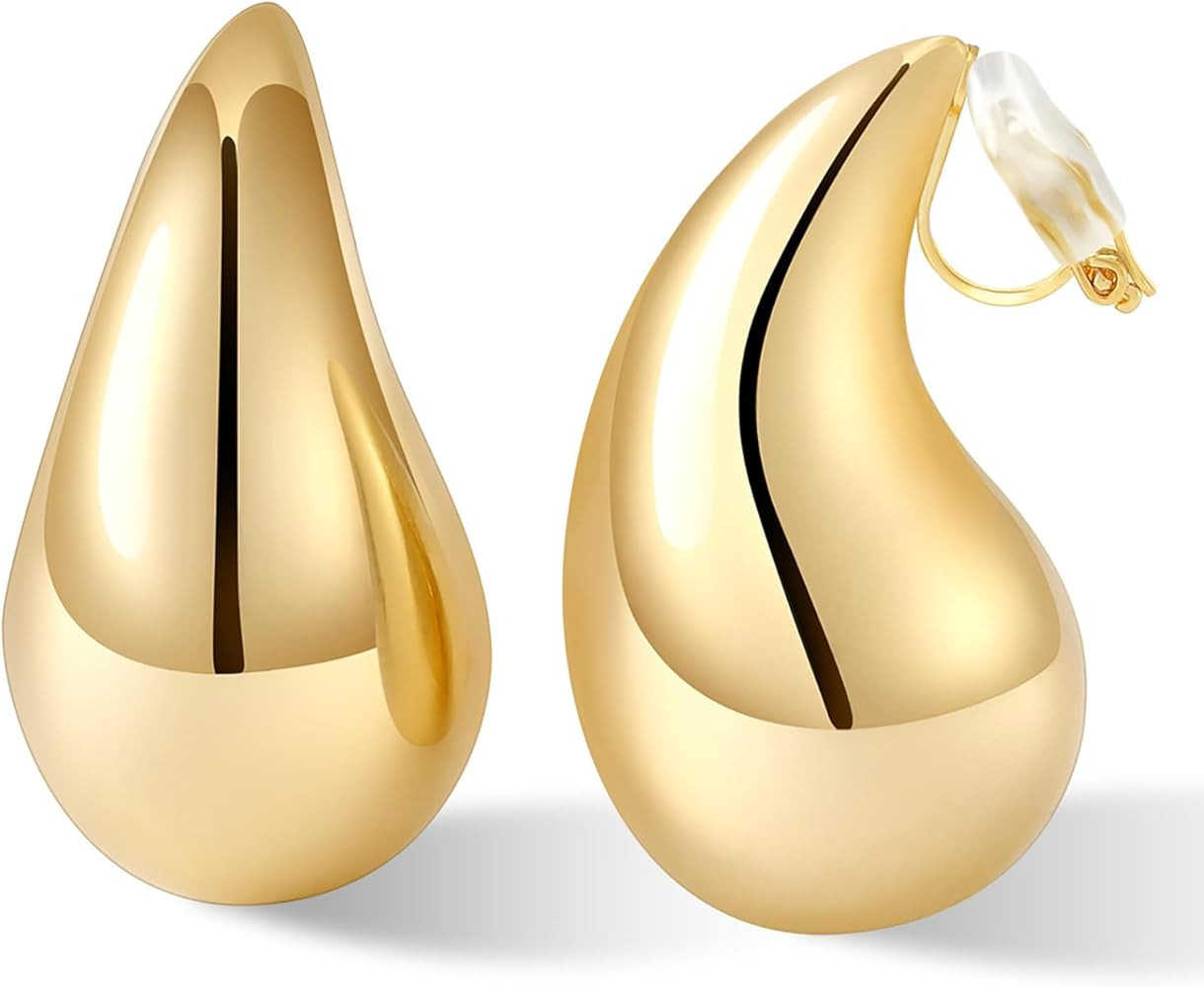 Gold Drop Clip On Earrings Dupes Teardrop Chunky Non Pierced Earring 14K Real Gold Plated Hypoall... | Amazon (US)