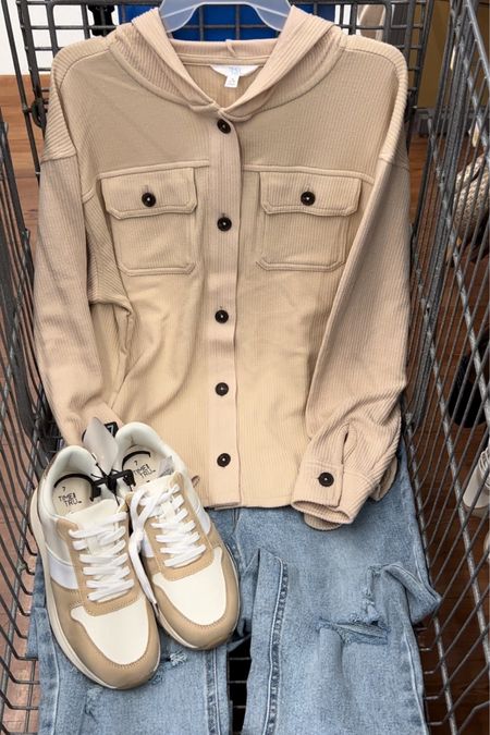 Walmart hooded ribbed knit shacket $19.98, XS-XXXL. It’s oversized and I got my usual size small. Wear with jeans or leggings. Jeans fit tts, I got a size 4. Sneakers I went down a half size, these run big IMO. #walmartfashion 

#LTKunder50 #LTKunder100