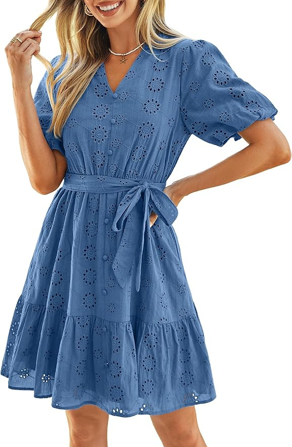 Simplee Womens 2026 Summer Mini Dress Eyelet V Neck Short Sleeve Hollow Out Belted Beach Vacation... | Amazon (US)