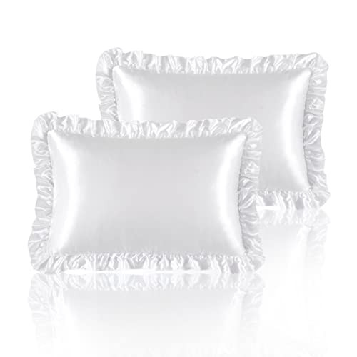 HommxJF Silky Satin Ruffled Pillow Cases for Hair and Skin,White Silk Pillowcases Standard Set of 2 with Envelope Closure Princess Room Decoration | Amazon (US)