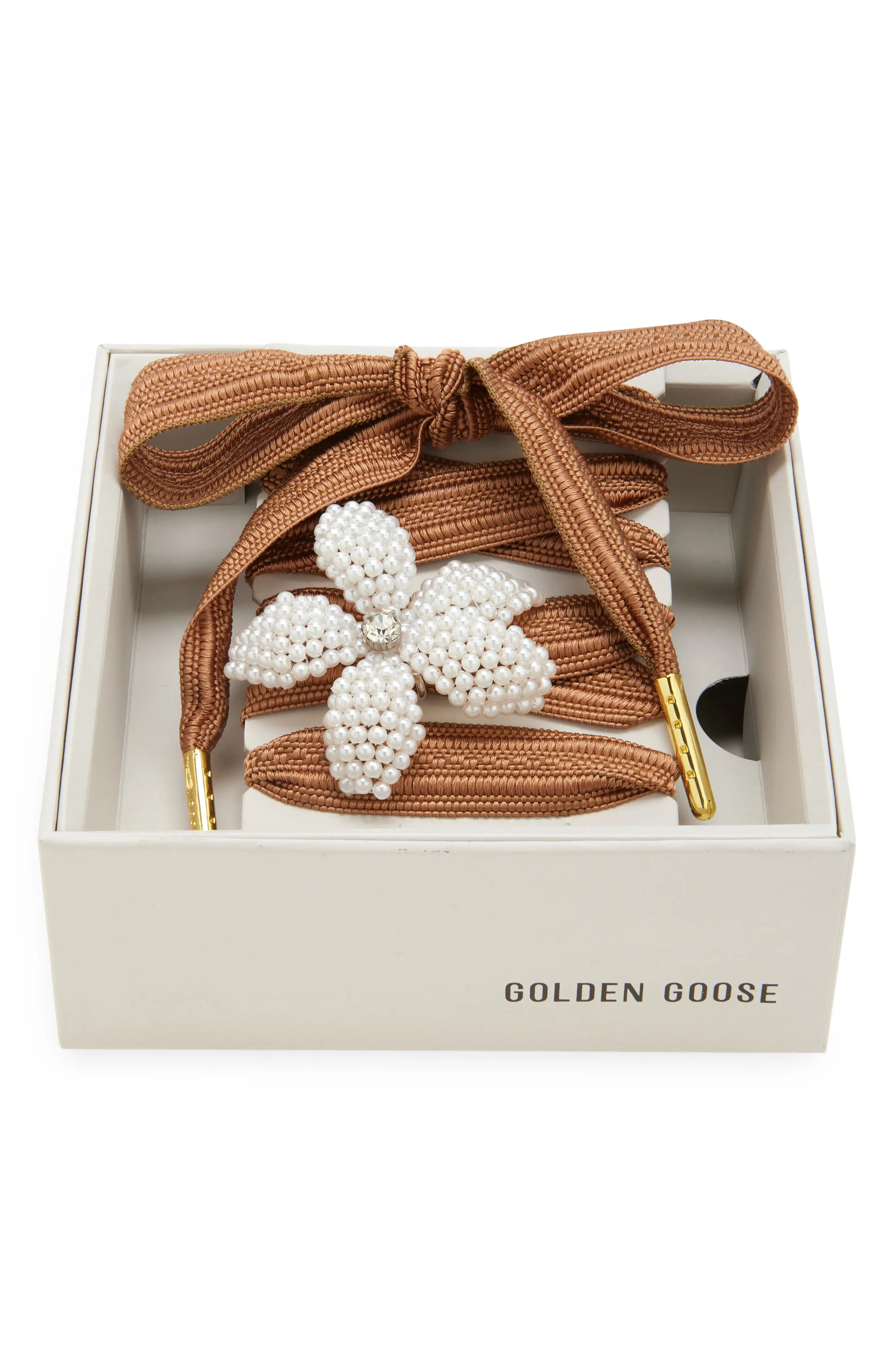 Golden Goose Skins Crystal & Faux Pearl Charm Shoelaces in Brown/Peach at Nordstrom | Nordstrom