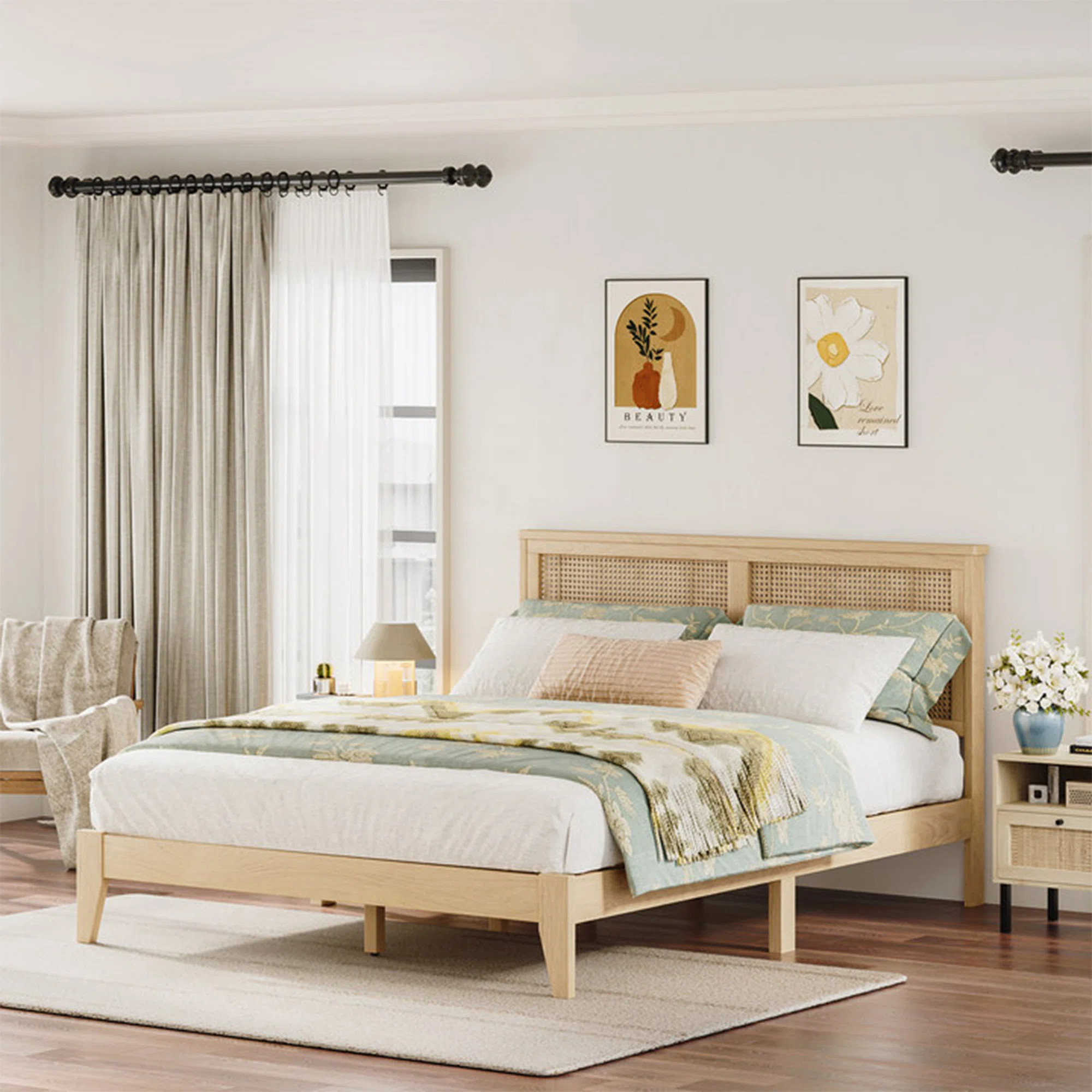 Bay Isle Home™ Queen Bed Frame with Natural Rattan Headboard, Rattan Platform Bed, Boho Bedroom... | Wayfair North America