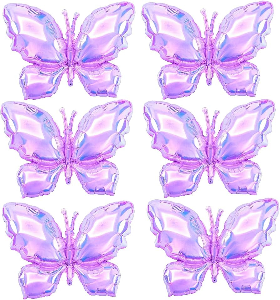 6 Pieces 24 Inch Iridescent Butterfly Balloons Purple Translucent Nylon Large Butterfly Party Dec... | Amazon (US)