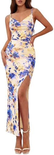 BTFBM Summer Dresses for Women 2026 Bodycon Spaghetti Strap Floral High Split Maxi Cocktail Weddi... | Amazon (US)