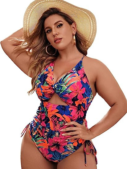 WDIRARA Women's Plus Size Floral Print Cutout Drawstring One Piece Swimsuit Monokini | Amazon (US)