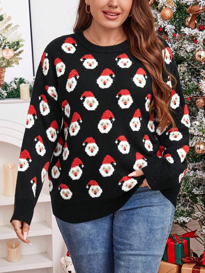 SHEIN LUNE Plus Christmas Santa Claus Pattern Drop Shoulder Sweater | SHEIN