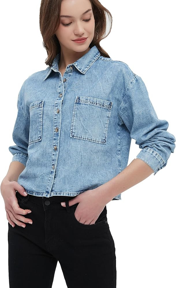 Women's Long Sleeve Cropped Denim Shirt Button Down Jean Jackets Denim Tops with Pockets | Amazon (US)