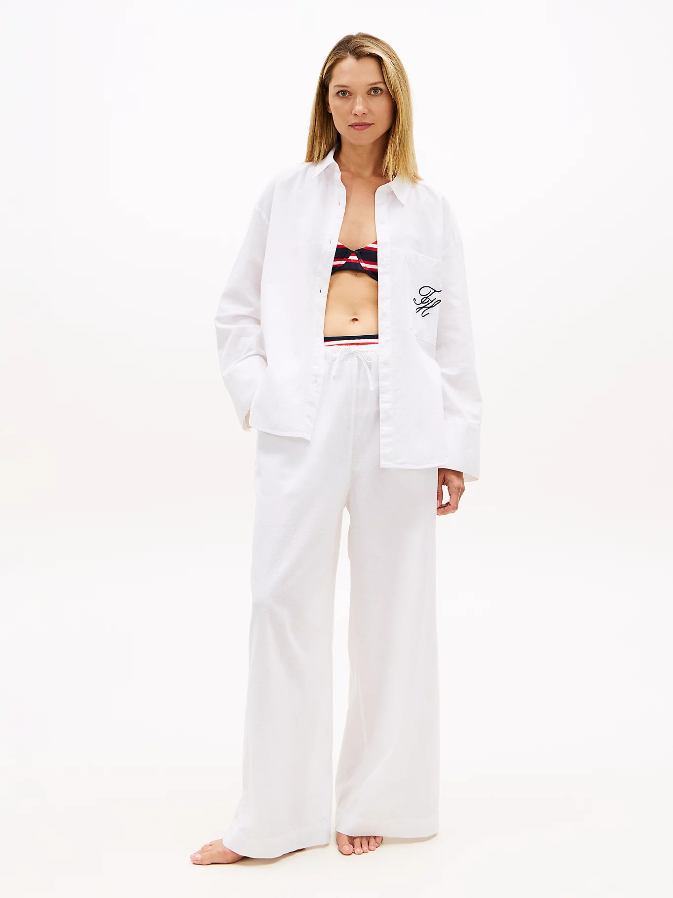 Wide Leg Cover-Up Trousers With Linen | White | Tommy Hilfiger | Tommy Hilfiger UK