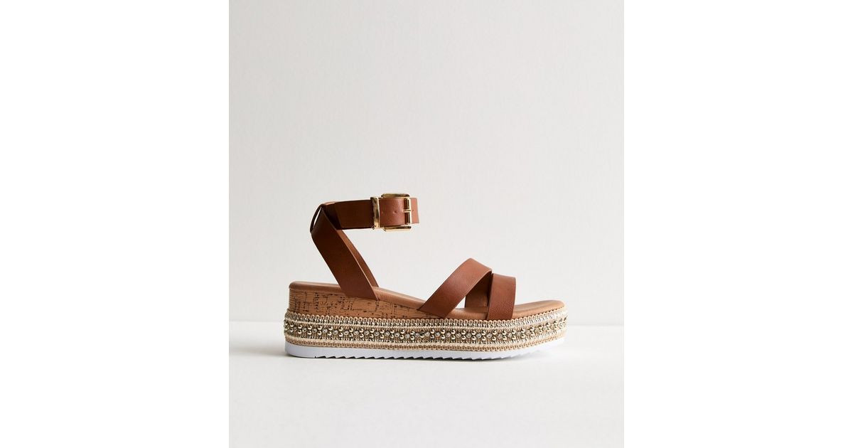 Tan Leather-Look Embellished Flatform Sandals | New Look | New Look (UK)