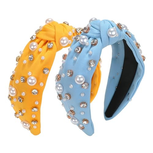 2 Pack Pearl Knotted Headband for Women White Pearl Rhinestone Crystal Jeweled Hairband Elegant Ladies Wide Top Knot Bride Headband Bachelorette Party Favor Hair Accessories（Light blue+Yellow） | Amazon (US)