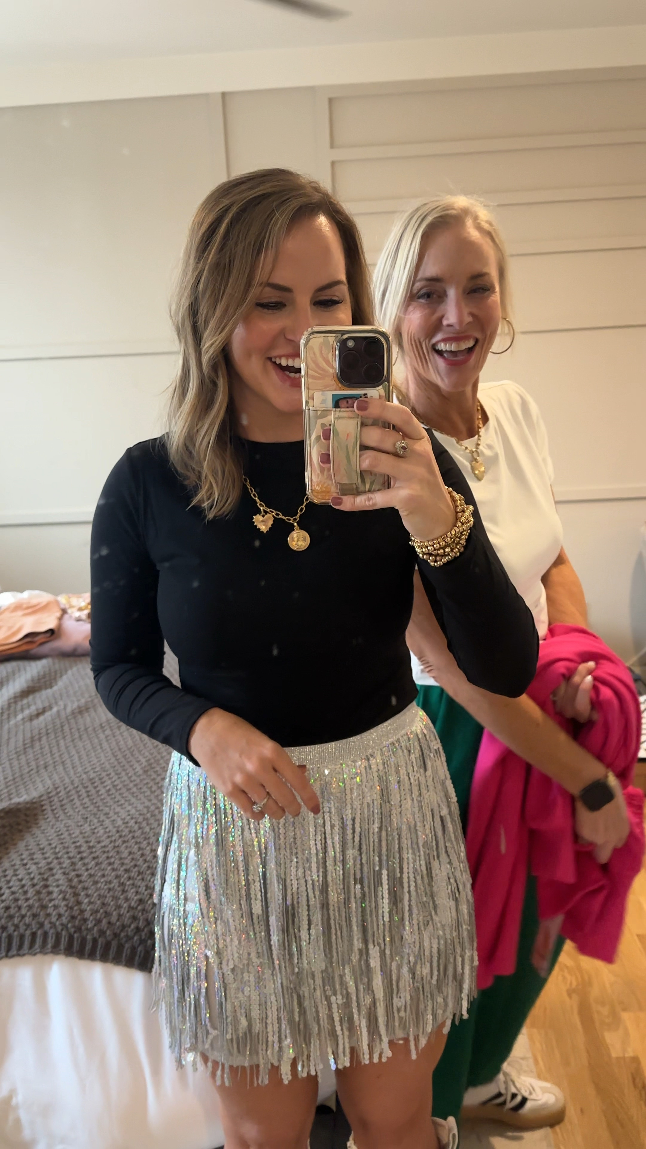 Girls brunch outfit & mom’s day out in Nashville! This sequin fringe skirt would be perfect for acountry concert, New Year’s Eve look, eras tour outfit, Lainey Wilson concert, date night etc black long sleeve top is a skims dupe that is double lined and gives the look of a bodysuit, but instead of snaps it tucks in and stays tucked in!! 

#LTKOver40 #LTKStyleTip #LTKHoliday