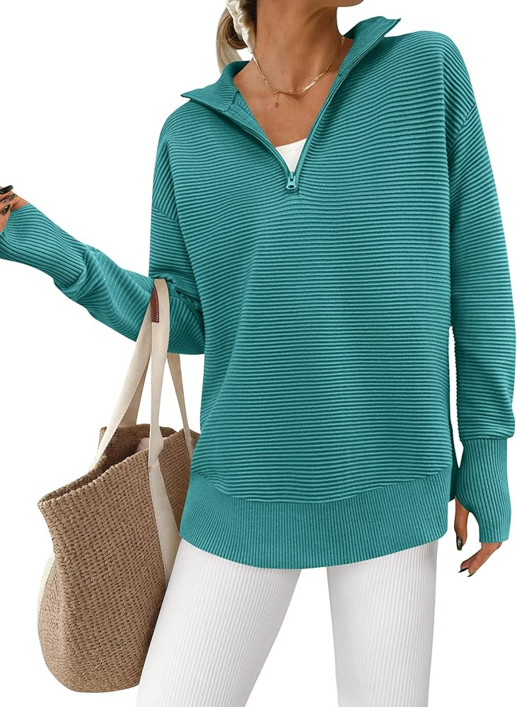 PRETTYGARDEN Womens Long Sleeve Quarter Zip Pullover Sweater Casual Loose V Neck Collared Ribbed ... | Amazon (US)