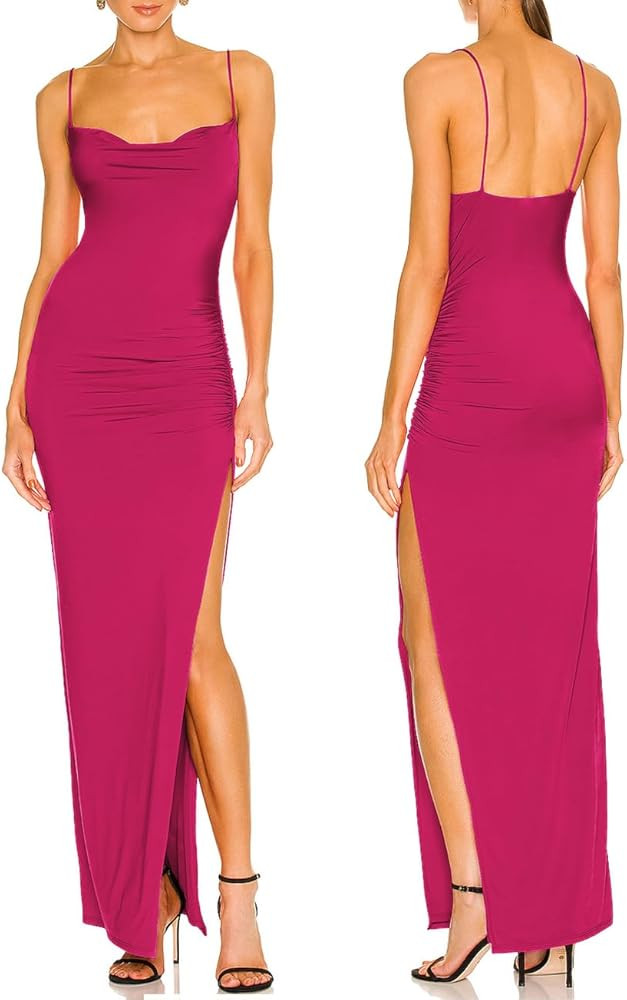 Aigeman Womens Spaghetti Straps Sexy Backless Cowl Neck Maxi Dress Ruched High Slit Bodycon Cockt... | Amazon (US)